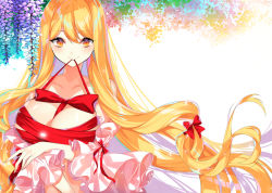 Rule 34 | 1girl, bare shoulders, between breasts, blonde hair, bow, breasts, closed mouth, collarbone, detached sleeves, fingernails, floating hair, flower, frills, glowing, large breasts, light particles, long hair, looking at viewer, mouth hold, red bow, red ribbon, ribbon, ribbon in mouth, roh nam kyung, sarashi, shiny skin, sleeves past elbows, smile, solo, touhou, upper body, very long hair, white background, wide sleeves, wisteria, yakumo yukari, yellow eyes