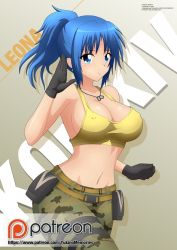 Rule 34 | 1girl, belt, black gloves, blue eyes, blue hair, breasts, camouflage, camouflage pants, cleavage, collarbone, covered erect nipples, derivative work, dog tags, gloves, gradient background, green background, green pants, jewelry, large breasts, leona heidern, long hair, looking at viewer, matching hair/eyes, midriff, navel, pants, patreon, patreon username, ponytail, self-upload, sideboob, solo, tank top, the king of fighters, the king of fighters xiv, watermark, web address, zel-sama