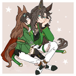 2girls aged_down animal_ear_piercing animal_ears asuka_(junerabitts) black_thighhighs bolo_tie brown_background brown_hair cape commentary earrings frilled_sleeves frills gold_trim green_eyes green_jacket green_skirt hair_between_eyes hand_on_own_cheek hand_on_own_face head_rest horse_ears horse_girl horse_tail indian_style jacket jewelry lapel_chain long_hair long_sleeves multiple_girls open_clothes open_jacket outside_border pants purple_eyes red_cape shoes sidelocks sideways_glance single_earring sitting skirt speed_symboli_(umamusume) symboli_rudolf_(umamusume) tail thigh_strap thighhighs umamusume white_pants white_shoes