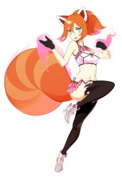 Rule 34 | 1girl, animal ears, black gloves, black thighhighs, breasts, clenched hand, commission, flaming hand, gloves, green eyes, hair between eyes, halphelt, high heels, highres, medium hair, midriff, miniskirt, navel, orange hair, original, pink skirt, raccoon ears, raccoon tail, simple background, skirt, small breasts, solo, standing, standing on one leg, tail, thighhighs, white background, white footwear