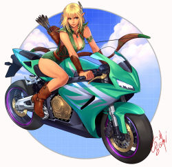 Rule 34 | 1girl, anachronism, arm guards, arm strap, arrow (projectile), artist name, belt, blonde hair, boots, bow (weapon), braid, breasts, brown footwear, cleavage, cloud, elf, feather hair ornament, feathers, flat tire, green leotard, hair ornament, highres, jewelry, large breasts, leotard, light smile, lips, medium hair, motor vehicle, motorcycle, necklace, ogami, on motorcycle, original, pointy ears, quiver, riding, side braid, solo, weapon