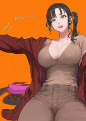 Rule 34 | 1girl, asymmetrical hair, box, breasts, brown eyes, brown hair, brown pants, brown shirt, cleavage, commentary, cowboy shot, eyelashes, gift, gift box, hair ribbon, high-waist pants, highres, jacket, jun (navigavi), large breasts, lips, long sleeves, looking at viewer, medium hair, mole, mole on breast, off shoulder, open clothes, open jacket, open mouth, orange background, orange ribbon, original, outstretched arm, pants, parted bangs, red jacket, ribbon, shirt, side ponytail, simple background, sitting, smile, solo, symbol-only commentary, teeth, translated, v-neck, valentine