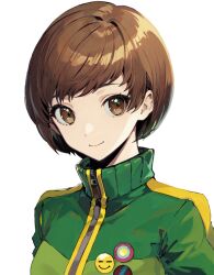 Rule 34 | bowl cut, brown eyes, brown hair, closed mouth, cropped shoulders, green jacket, jacket, looking at viewer, persona, persona 4, pin, satonaka chie, satuki (jo4pr8), short hair, smile, solo, white background, zipper