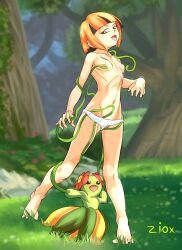 Rule 34 | 1girl, 1other, absurdres, bare legs, barefoot, bellossom, blurry, blurry background, breasts, creatures (company), feet, full body, game freak, gardenia (pokemon), gen 2 pokemon, grass, highres, navel, nintendo, nipple stimulation, nipple tweak, nipples, open mouth, orange hair, outdoors, panties, panties only, plant, pokemon, pokemon (creature), pokemon dppt, pussy, pussy juice, pussy juice drip, red eyes, short hair, sidelocks, small breasts, smile, standing, tentacles, thighs, toes, topless, tree, underwear, vines, white panties, ziox