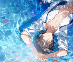 Rule 34 | 1boy, black hair, blue eyes, hishi (k-xaby), looking at viewer, lying, male focus, ocean, on back, open clothes, open shirt, original, parted lips, partially submerged, shirt, short hair, solo, underwater, water, water surface, wet, white shirt