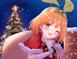 Rule 34 | 1girl, ;3, alternate costume, bag, blue eyes, blush, bow, bowtie, box, chimney, christmas, christmas tree, commentary, crop top, english commentary, eyelashes, fur-trimmed collar, fur-trimmed sleeves, fur trim, gift, gift box, gloves, go-toubun no hanayome, green bow, green bowtie, green hairband, green headwear, hairband, happy, highres, holding, holding bag, index finger raised, lips, looking at viewer, medium hair, nakano yotsuba, night, on roof, one eye closed, open mouth, orange hair, outdoors, plaid, plaid bow, pom pom (clothes), profnote, red crop top, santa costume, short sleeves, sidelocks, sky, smile, snow, snowing, solo, star (sky), star (symbol), starry sky, white gloves