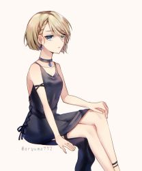 Rule 34 | 1girl, aqua eyes, aryuma772, bare arms, bare shoulders, black dress, blonde hair, braid, breasts, choker, collarbone, crossed legs, dress, earrings, expressionless, formal, french braid, hair over one eye, hand on own knee, highres, jewelry, kagamine rin, looking at viewer, serious, short hair, sitting, small breasts, solo, twitter username, vocaloid, white background