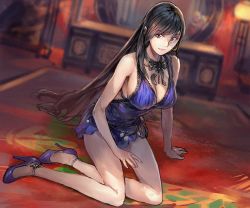 1girl, bangs, bare arms, bare legs, black hair, bow, bowtie, breasts, cleavage, dress, final fantasy, final fantasy vii, final fantasy vii remake, floor, high heels, large breasts, legs, long hair, long legs, looking at viewer, purple dress, red eyes, sitting, sitting on floor, solo, takahito, tifa lockhart
