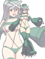 Rule 34 | 1girl, bikini, blue gloves, blush, boots, breasts, choker, claws, collarbone, creatures (company), furuaki, game freak, gen 3 pokemon, gloves, grey bikini, grey footwear, grey headwear, grey thighhighs, hat, headpiece, large breasts, long hair, metagross, armored boots, metal gloves, midriff, navel, nintendo, open mouth, personification, pokemon, pokemon rse, red eyes, silver hair, smile, standing, swimsuit, thighhighs, white background