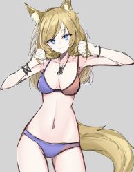Rule 34 | 1girl, absurdres, animal ear fluff, animal ears, arknights, bikini, blonde hair, blue bikini, blue eyes, bracelet, breasts, collarbone, cowboy shot, grey background, hands in hair, hands up, highres, horse ears, horse girl, horse tail, jewelry, kingdom of kazimierz logo, long hair, looking at viewer, medium breasts, navel, necklace, red bikini, simple background, sketch, smile, solo, swimsuit, tail, thick eyebrows, touko (toko12 tooko), two-tone bikini, whislash (arknights)