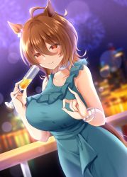 Rule 34 | 1girl, absurdres, agnes tachyon (umamusume), alternate breast size, alternate costume, animal ears, blush, bracelet, breasts, brown hair, champagne flute, commentary request, cup, diamond choker, dress, drinking glass, earrings, green dress, hair between eyes, highres, holding, holding cup, horse ears, horse girl, horse tail, jewelry, large breasts, looking at viewer, nonexistent memories (jujutsu kaisen), red eyes, ryochapu, short hair, single earring, sleeveless, sleeveless dress, smile, solo, tail, umamusume