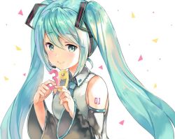 Rule 34 | 1girl, 39, blue eyes, blue hair, blue necktie, closed mouth, collared shirt, commentary request, earphones, grey shirt, hatsune miku, holding, long hair, long sleeves, looking at viewer, microphone, necktie, shirt, sibyl, simple background, sleeveless, sleeveless shirt, smile, solo, twintails, vocaloid, white background, wide sleeves, wing collar