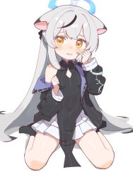Rule 34 | 1girl, animal ears, black coat, black dress, black socks, blue archive, china dress, chinese clothes, cleavage cutout, clothing cutout, coat, commentary request, dress, frilled skirt, frills, grey hair, hair between eyes, halo, highres, kokona (blue archive), lk149, long hair, long sleeves, looking at viewer, multicolored hair, no shoes, open clothes, open coat, pelvic curtain, side slit, sidelocks, simple background, sitting, skirt, sleeveless, socks, solo, streaked hair, tiger ears, tiger girl, two-tone hair, wariza, white background, white skirt, yellow eyes