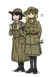Rule 34 | 2girls, anyan (jooho), armband, arms behind back, black footwear, blonde hair, blue eyes, british army, brown eyes, brown hair, collared shirt, commentary request, full body, gloves, hat, korean commentary, long skirt, long sleeves, looking at viewer, military, military uniform, multiple girls, necktie, original, pantyhose, shirt, shoes, short hair, simple background, skirt, smile, standing, uniform, w arms, white background, world war i