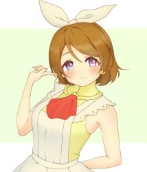Rule 34 | 1girl, absurdres, apron, arm behind back, artist name, artist request, blush, bow, breasts, brown hair, collared dress, dress, earrings, female focus, frilled apron, frilled shirt collar, frills, hair between eyes, hairband, highres, jewelry, koizumi hanayo, korekara no someday, looking at viewer, love live!, love live! school idol festival, love live! school idol project, neckerchief, parted lips, plaid, plaid dress, pleated, pleated dress, purple eyes, red neckerchief, short hair, sleeveless, sleeveless dress, small breasts, smile, solo, upper body, white apron, white bow, white hairband, yellow dress