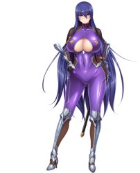 Rule 34 | 1girl, akiyama rinko, aoi nagisa (metalder), blue hair, bodysuit, boots, breasts, cleavage, cleavage cutout, clothing cutout, covered navel, curvy, fishnets, full body, game cg, hand on own hip, large breasts, lilith-soft, long hair, looking at viewer, ninja, purple eyes, sheath, sheathed, shiny clothes, shiny skin, simple background, smile, solo, standing, taimanin (series), taimanin yukikaze, taimanin yukikaze 2, underboob, very long hair