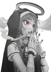 Rule 34 | 1girl, aimaina, bad id, bad pixiv id, bandaged arm, bandages, bandaid, bandaid on cheek, bandaid on face, between fingers, chibi, cigarette, cross, doll, eyelashes, facial mark, forehead mark, greyscale, habit, halo, hands up, hatsune miku, holding, holding cigarette, interlocked fingers, kamippoina (vocaloid), long hair, looking away, mi8pq, monochrome, nail polish, neck ribbon, nun, own hands together, red eyes, ribbon, round teeth, short sleeves, simple background, smoke, smoking, solo, spot color, teeth, tongue, tongue out, upper body, vocaloid, wrist cuffs