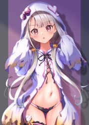 Rule 34 | 1girl, blunt bangs, bow, bow panties, brown eyes, candy, commentary request, food, grey hair, hair ornament, halloween, highres, hisakawa nagi, hood, hooded coat, idolmaster, idolmaster cinderella girls, lollipop, long hair, looking at viewer, low twintails, navel, panties, sleeves past fingers, sleeves past wrists, solo, swirl lollipop, thigh strap, torn clothes, tudon (donut), twintails, underwear