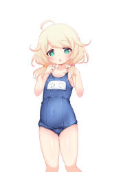 Rule 34 | 1girl, ahoge, blonde hair, blue one-piece swimsuit, blush, covered navel, gluteal fold, green eyes, hands on own chest, highres, hosizora mikoto, idolmaster, idolmaster cinderella girls, long hair, looking at viewer, messy hair, name tag, old school swimsuit, one-piece swimsuit, open mouth, school swimsuit, simple background, solo, swimsuit, thigh gap, thighs, twintails, white background, yusa kozue