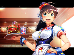 Rule 34 | 1girl, :d, ahoge, apron, badge, black hair, blue eyes, blush, bodice, breasts, burger, button badge, buttons, covered erect nipples, cup, drinking straw, earrings, employee uniform, eroero884, eyeliner, fang, fast food uniform, flag, food, french fries, ganaha hibiki, hair ribbon, hand on own hip, hat, headset, highres, holding, holding tray, hoop earrings, idolmaster, idolmaster (classic), indoors, jewelry, ketchup, letterboxed, long hair, looking at viewer, makeup, momo no suidou-sui, notepad, open mouth, outside border, pen, ponytail, puffy short sleeves, puffy sleeves, restaurant, ribbon, shirt, short sleeves, smile, solo, tray, underbust, uniform, upper body, waist apron, waitress, white shirt, wrist cuffs