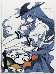 Rule 34 | 1girl, apron, blue hair, blue skirt, blue theme, bright pupils, closed mouth, floating hair, from side, hat, hinanawi tenshi, holding, ka (marukogedago), long hair, looking at viewer, monochrome, puffy short sleeves, puffy sleeves, shirt, short sleeves, skirt, smile, solo, touhou, white apron, white pupils, white shirt