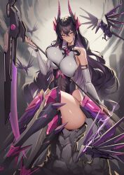 Rule 34 | 1girl, absurdres, bare shoulders, blue eyes, blush, breasts, bridal gauntlets, commentary request, crossed bangs, crossed legs, goddess of victory: nikke, harran (nikke), high heels, highres, holding, holding scythe, horns, kirome (kamipaper), large breasts, long hair, looking at viewer, mole, mole under eye, parted lips, purple hair, purple thighhighs, scythe, sitting, smile, solo, thick thighs, thighhighs, thighs, weapon