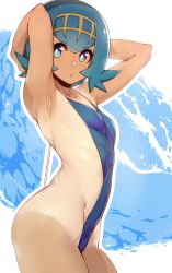 Rule 34 | 1girl, absurdres, armpits, arms up, bad id, bad pixiv id, blue hair, blue one-piece swimsuit, blush, bright pupils, casual one-piece swimsuit, creatures (company), flat chest, from side, game freak, hair ornament, highres, lana (pokemon), looking at viewer, looking to the side, nintendo, one-piece swimsuit, pokemon, pokemon sm, profile, shiny skin, short hair, slugbox, solo, standing, swimsuit, tan, tanline, trial captain
