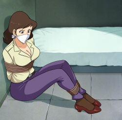 Rule 34 | absurdres, arms behind back, bdsm, bondage, bound, bound ankles, bound arms, breasts, brown eyes, brown hair, cleavage, cloth gag, gag, gagged, high heels, highres, improvised gag, large breasts, lost one zero, lupin iii, mine fujiko, mole, over the nose gag