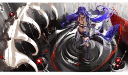 Rule 34 | 1girl, absurdres, acheron (honkai: star rail), animal skeleton, arrow (projectile), asymmetrical footwear, asymmetrical gloves, bare shoulders, belt, black footwear, black gloves, black shorts, blood, blood trail, bloody weapon, boots, breasts, choker, cleavage, coat, crop top, elbow gloves, floating hair, flower, from above, gloves, hair ornament, hair over one eye, half-closed eyes, headgear, highres, holding, holding sheath, holding sword, holding weapon, honkai: star rail, honkai (series), kkaags, knee boots, legs apart, letterboxed, long hair, long sleeves, looking ahead, multicolored hair, multiple belts, oil-paper umbrella, one eye covered, planted, planted arrow, rain, red flower, ribs, ripples, sad, sheath, shorts, shoulder guard, single bare shoulder, single sleeve, solo, spine, standing, streaked hair, sword, thigh boots, umbrella, unsheathed, very long hair, water, weapon, white coat, white hair, wide sleeves