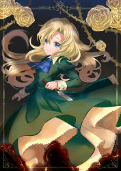 Rule 34 | 1girl, ascot, blonde hair, blue ascot, blue eyes, crying, crying with eyes open, dress, flower, green dress, highres, holding, holding knife, ib (kouri), kam ata, knife, long sleeves, mary (ib), solo, standing, tears, thorns, yellow flower