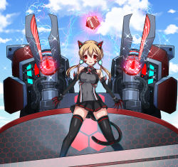 Rule 34 | 1girl, animal ears, bare shoulders, black gloves, black skirt, black thighhighs, blonde hair, blush, breasts, cat ears, cat tail, clawed gauntlets, corruption, covered navel, cyber (cyber knight), elbow gloves, electricity, fake animal ears, fake tail, gloves, highres, kantai collection, long hair, looking at viewer, medium breasts, microskirt, military, military uniform, neuroi, open mouth, outdoors, prinz eugen (kancolle), red eyes, skirt, sky, smile, solo, tail, thighhighs, twintails, uniform, world witches series