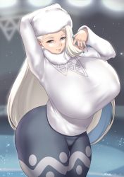 Rule 34 | 1girl, aster crowley, blue eyes, breasts, creatures (company), curvy, game freak, highres, huge breasts, long hair, looking at viewer, melony (pokemon), nintendo, pokemon, pokemon swsh, smile, solo, standing, thick thighs, thighs, white hair