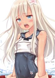 Rule 34 | 10s, 1girl, arm grab, bare shoulders, blonde hair, blue eyes, blush, flower, hair flower, hair ornament, hibiscus, highres, ichikawa feesu, implied sex, kantai collection, long hair, one-piece swimsuit, open mouth, ro-500 (kancolle), solo, swimsuit, swimsuit under clothes, tan, upper body