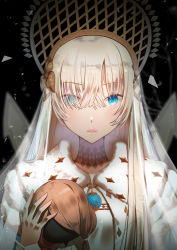 Rule 34 | 1girl, anastasia (fate), bad id, bad pixiv id, blue eyes, cape, doll, dress, eyes visible through hair, fate/grand order, fate (series), hair over one eye, hairband, highres, kyoungi nyang, lips, long hair, looking at viewer, royal robe, silver hair, solo