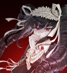 Rule 34 | 1girl, black background, black hair, black jacket, black nails, celestia ludenberg, claw ring, closed mouth, danganronpa: trigger happy havoc, danganronpa (series), earrings, frilled jacket, frills, hands up, highres, jacket, jewelry, long hair, long sleeves, nail polish, necktie, own hands clasped, own hands together, pale skin, peppo (2cleft 0109), print necktie, red background, red eyes, red necktie, smile, solo, sweat, upper body