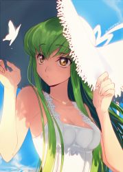 Rule 34 | 1girl, animal, armpits, artist name, bare shoulders, blue sky, breasts, bug, butterfly, c.c., cleavage, cloud, code geass, creayus, day, dress, eyebrows, green hair, hat, insect, long hair, looking to the side, medium breasts, signature, sky, sleeveless, sleeveless dress, solo, sun hat, sundress, sunlight, very long hair, white dress, white hat, yellow eyes