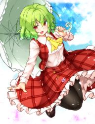 Rule 34 | 1girl, :d, aka tawashi, ascot, black pantyhose, blue sky, blush, breasts, brown footwear, cloud, commentary request, day, flower, full body, green hair, green umbrella, hair between eyes, hand up, highres, holding, holding umbrella, jumping, kazami yuuka, loafers, long sleeves, looking at viewer, medium breasts, open mouth, outdoors, pantyhose, petals, petticoat, pink flower, plaid, plaid skirt, plaid vest, red eyes, red skirt, red vest, shirt, shoes, short hair, skirt, skirt set, sky, smile, solo, thighs, touhou, umbrella, vest, white shirt, yellow ascot