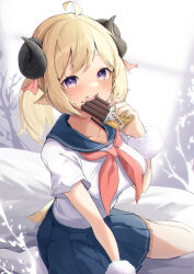 Rule 34 | 1girl, absurdres, ahoge, alternate hairstyle, animal ears, blonde hair, blue sailor collar, breasts, candy, chocolate, chocolate bar, chocolate on face, commentary, eat some cookie, eating, flower, food, food on face, hair flower, hair ornament, highres, hololive, horns, indoors, looking at viewer, medium breasts, medium hair, mixed-language commentary, neckerchief, on bed, ponytail, purple eyes, red neckerchief, sailor collar, school uniform, serafuku, sheep ears, sheep girl, sheep horns, sheep tail, sitting, solo, tail, tsunomaki watame, virtual youtuber, wariza, wrist cuffs