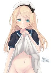 Rule 34 | 1girl, alakoala, blonde hair, blue eyes, blue sailor collar, blush, bottomless, bow, clothes lift, commentary, dated, dress, dress lift, hat, hat bow, highres, jervis (kancolle), kantai collection, long hair, looking at viewer, no panties, out-of-frame censoring, pussy, pussy peek, sailor collar, short sleeves, signature, simple background, smile, solo, standing, white background, white hat