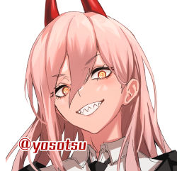 Rule 34 | + +, 1girl, black jacket, black necktie, blouse, chainsaw man, collared shirt, cross-shaped pupils, grin, hair between eyes, highres, horns, jacket, long hair, looking at viewer, necktie, pink hair, portrait, power (chainsaw man), sharp teeth, shirt, simple background, smile, solo, symbol-shaped pupils, teeth, ulrich (tagaragakuin), white background, white shirt, wing collar