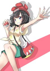 Rule 34 | 1girl, absurdres, arm up, armpits, bag, beanie, between breasts, black hair, blue eyes, blush, breasts, creatures (company), floral print, game freak, grin, handbag, hat, highres, jumping, medium breasts, midriff, nintendo, outstretched arm, pae (ac40935 m41), poke ball, poke ball (basic), pokemon, pokemon sm, red hat, selene (pokemon), shadow, shirt, short hair, shorts, simple background, sketch, smile, solo, strap between breasts, teeth, tied shirt
