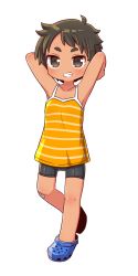 Rule 34 | 1girl, armpits, arms up, bandaid, bandaid on knee, bandaid on leg, bare arms, bare shoulders, bike shorts, black hair, black shorts, blue footwear, blush, brown eyes, camisole, crocs, full body, grin, highres, looking at viewer, naga u, orange camisole, original, short eyebrows, short hair, short shorts, shorts, simple background, smile, solo, standing, standing on one leg, striped camisole, tan, thick eyebrows, white background