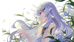 Rule 34 | 1girl, baseness, closed mouth, floating hair, flower, from side, hair between eyes, hair tubes, highres, horns, long hair, nijisanji, nude, pointy ears, purple eyes, rindou mikoto, silver hair, solo, sparkle, upper body, very long hair, virtual youtuber, white background, white flower