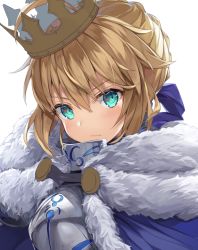 Rule 34 | 1girl, ahoge, armor, armored dress, artoria pendragon (all), artoria pendragon (fate), bad id, bad twitter id, blonde hair, blush, cloak, close-up, closed mouth, crown, fate/stay night, fate (series), fur trim, gedou (shigure seishin), green eyes, hair between eyes, hair bun, high collar, jewelry, looking at viewer, mini crown, saber (fate), short hair, simple background, solo, spikes, white background