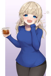 Rule 34 | 1girl, alcohol, alternate costume, black pants, blue eyes, blue shirt, braid, breasts, brown hair, drunk, fang, glass, highres, ice, ice cube, kantai collection, kodama (mmt uf), long hair, long sleeves, medium breasts, open mouth, pants, ranger (kancolle), shirt, side braids, skin fang, smile, solo, squeans