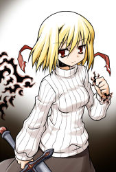 Rule 34 | 1girl, akou roushi, alternate costume, blonde hair, casual, embodiment of scarlet devil, ex-rumia, female focus, aged up, red eyes, ribbed sweater, rumia, short hair, solo, sweater, sword, touhou, weapon