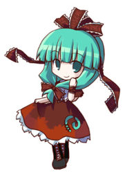 Rule 34 | 1girl, blunt bangs, boots, bow, brown footwear, dorua (dollar), dress, female focus, front ponytail, full body, green eyes, green hair, hair bow, kagiyama hina, knee boots, looking at viewer, lowres, matching hair/eyes, puffy short sleeves, puffy sleeves, red bow, red dress, short sleeves, simple background, solo, standing, touhou, white background, wrist cuffs