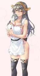 Rule 34 | 1girl, adapted costume, apron, blush, bra, breasts, cleavage, collarbone, commission, gold headband, grey hair, haruna (kancolle), headgear, highres, jewelry, kantai collection, kokuzou, ladle, large breasts, long hair, looking at viewer, panties, pink background, pink bra, pink panties, ring, skeb commission, smile, solo, standing, thighhighs, underwear, upper body, wedding band, yellow eyes