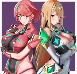 Rule 34 | 2girls, amano don, arm under breasts, armor, back-to-back, blonde hair, bodysuit, breasts, cleavage, cleavage cutout, clothing cutout, earrings, hair ornament, halterneck, highres, jewelry, large breasts, looking at viewer, multiple girls, mythra (xenoblade), navel, pyra (xenoblade), red eyes, red hair, shoulder armor, side cutout, skin tight, skindentation, standing, thick thighs, thighs, xenoblade chronicles (series), xenoblade chronicles 2, yellow eyes