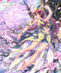 Rule 34 | 10s, 1girl, bare legs, bare shoulders, barefoot, bird, breasts, cherry blossoms, colored skin, commentary, cygames, dress, fantasy, flower, flower on head, full body, granblue fantasy, green eyes, highres, hisakata souji, large breasts, leaf, leaf on head, long hair, monster girl, petals, plant, plant girl, pointy ears, red hair, shingeki no bahamut, solo, tree, twintails, vines, white skin, yggdrasill (granblue fantasy)